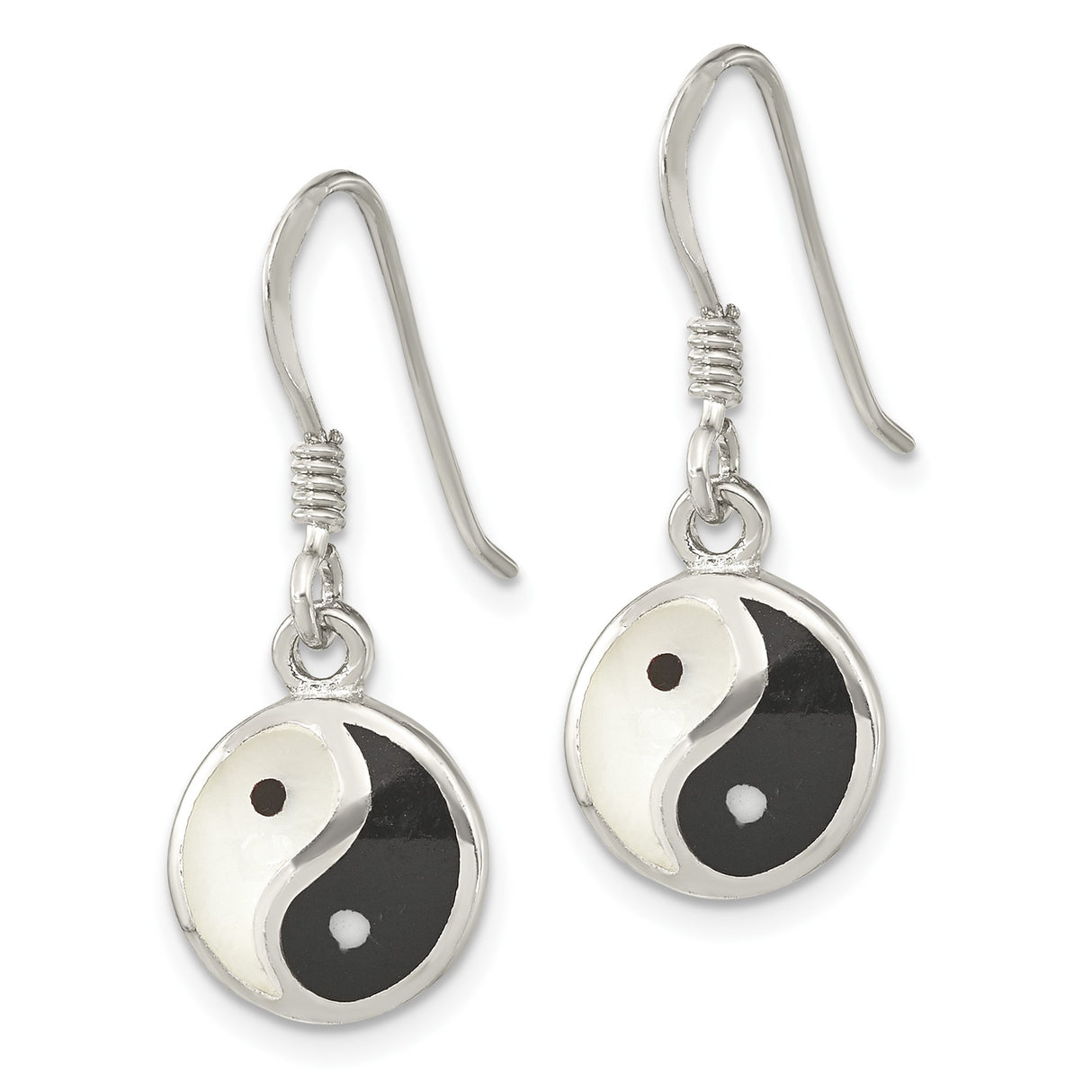 Sterling Silver Dangle Earrings with Mother of Pearl and Black Resin Yin Yang Design