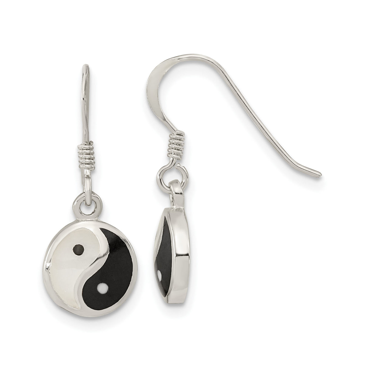 Sterling Silver Dangle Earrings with Mother of Pearl and Black Resin Yin Yang Design