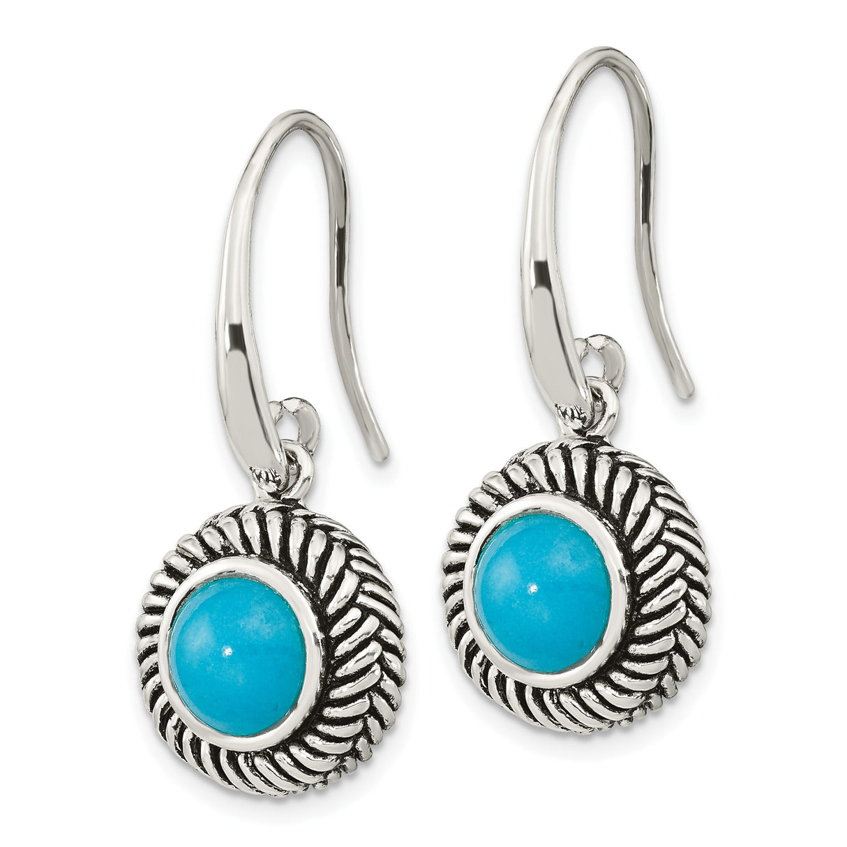 Sterling Silver Dangle Earrings with Round Created Turquoise, Twisted Rope Border, Boho Style