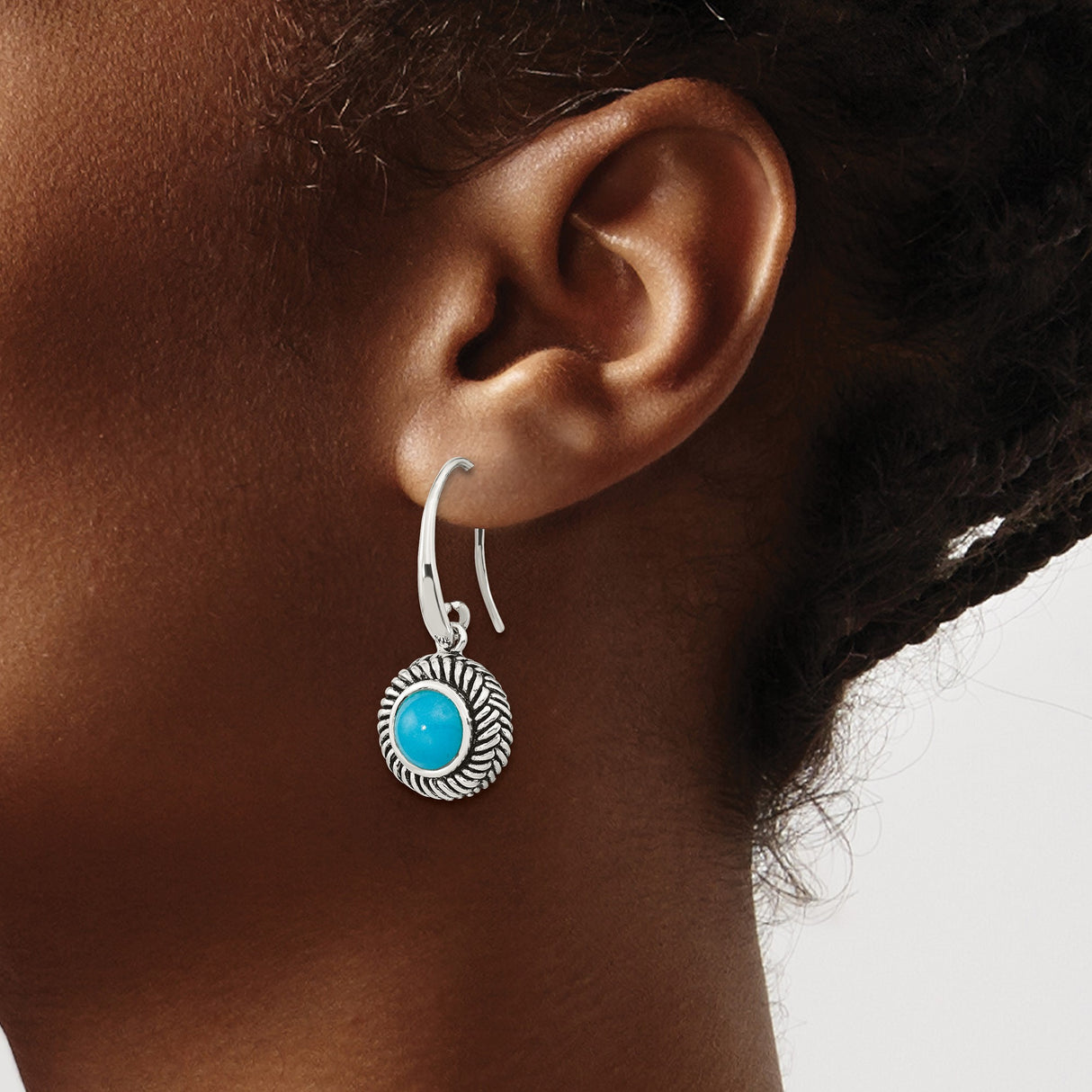 Sterling Silver Dangle Earrings with Round Created Turquoise, Twisted Rope Border, Boho Style