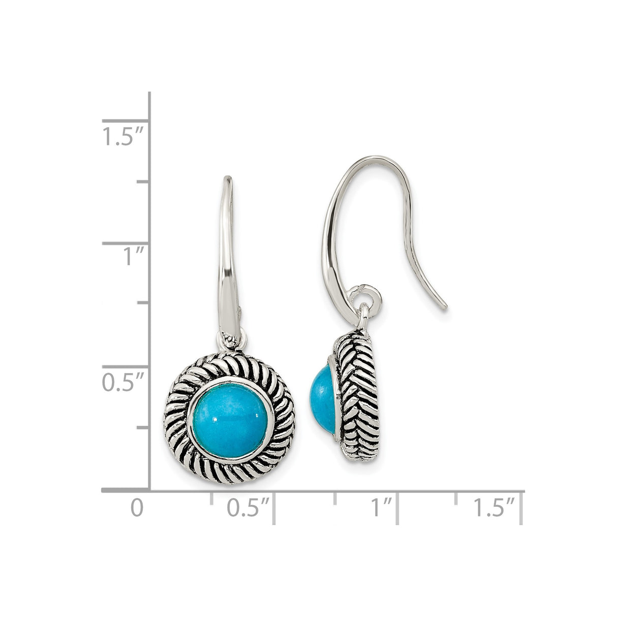 Sterling Silver Dangle Earrings with Round Created Turquoise, Twisted Rope Border, Boho Style