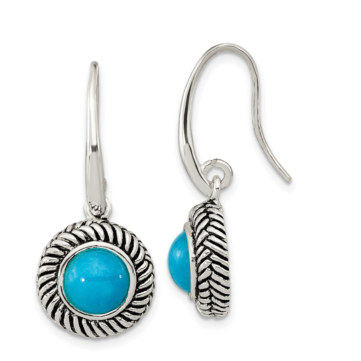 Sterling Silver Dangle Earrings with Round Created Turquoise, Twisted Rope Border, Boho Style