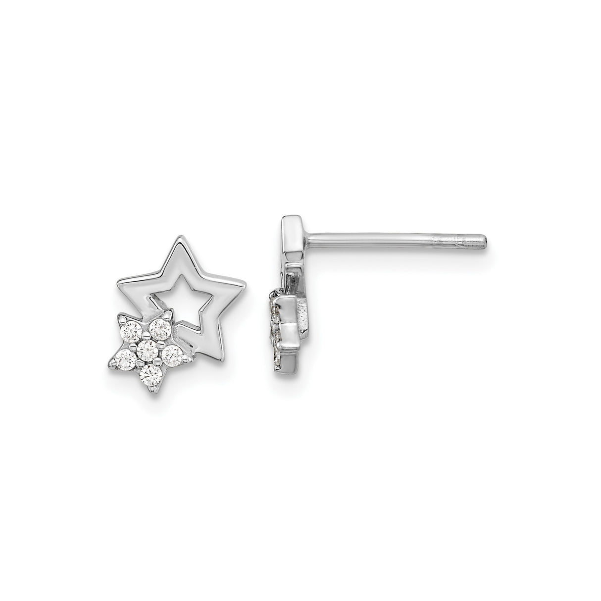 Sterling Silver Star Stud Earrings with Cubic Zirconia and Open Cut Celestial Design