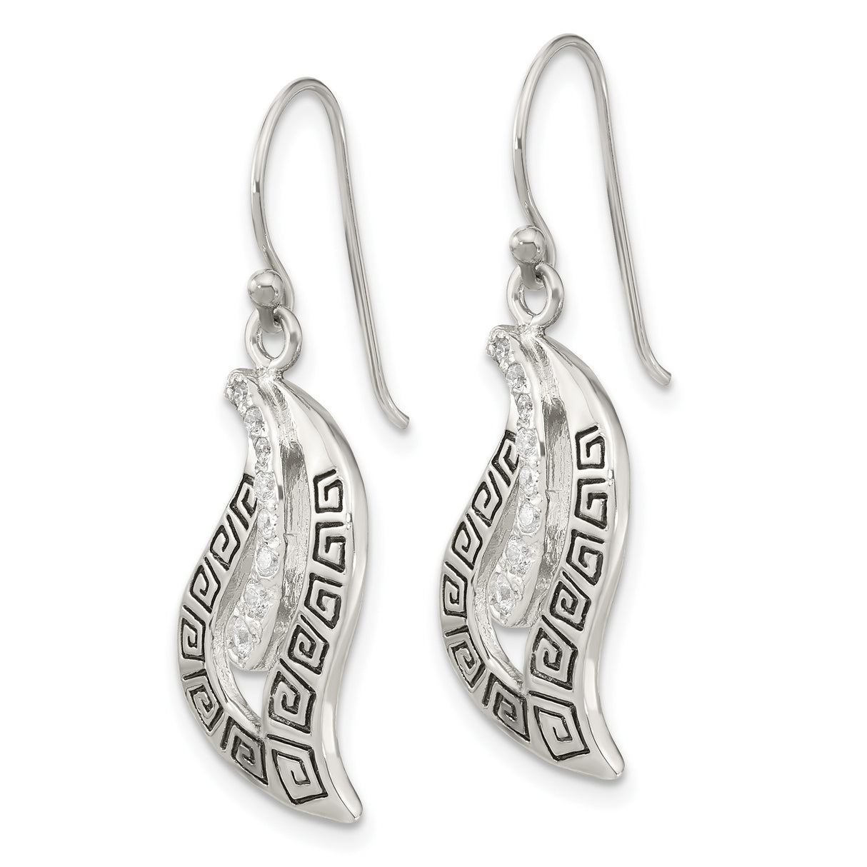 Sterling Silver Dangle Earrings with Cubic Zirconia, Abstract Swirl and Greek Key Design