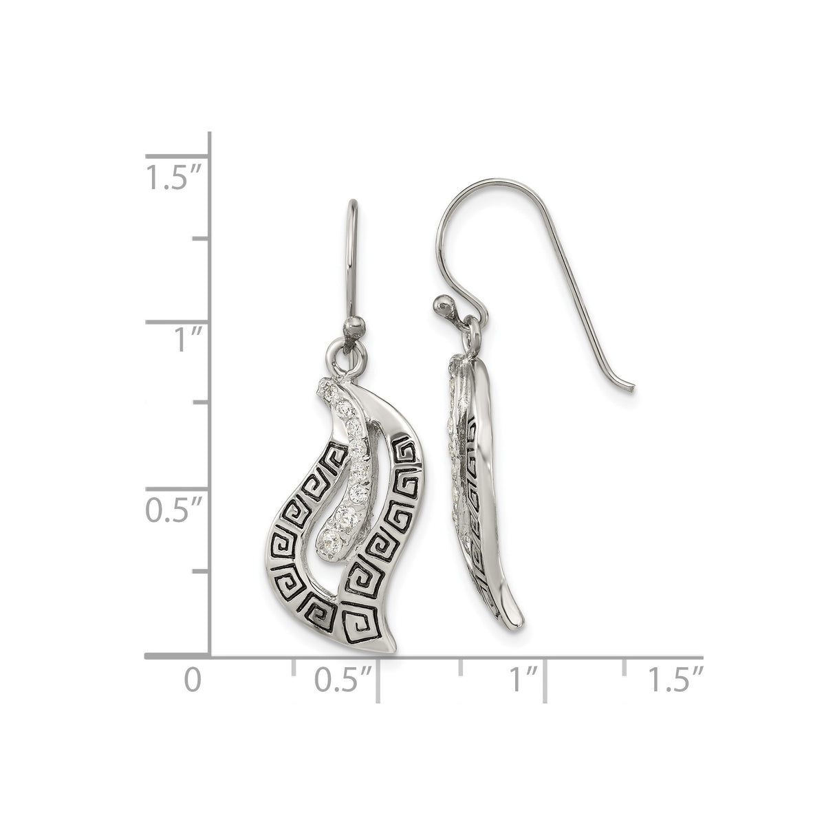Sterling Silver Dangle Earrings with Cubic Zirconia, Abstract Swirl and Greek Key Design