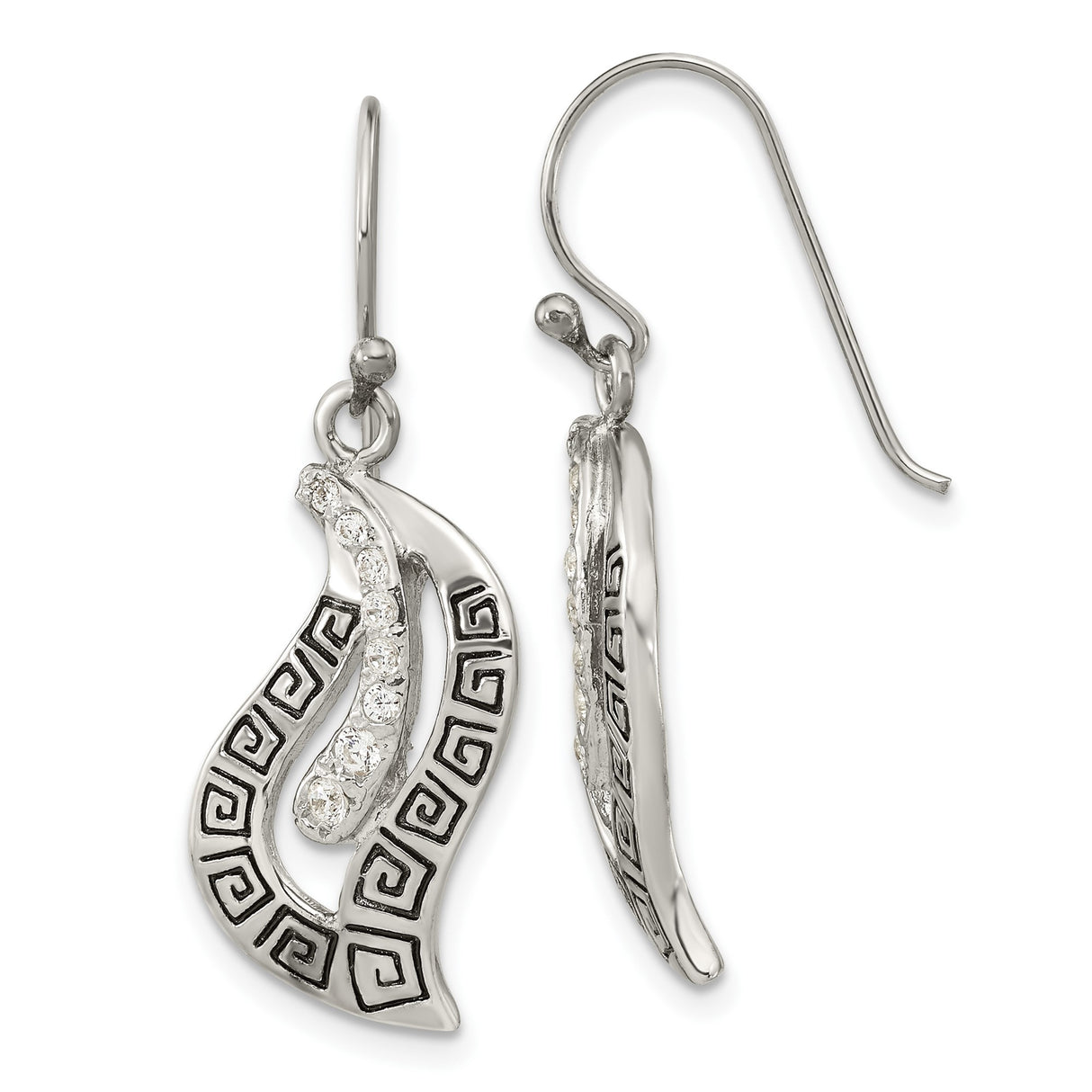 Sterling Silver Dangle Earrings with Cubic Zirconia, Abstract Swirl and Greek Key Design
