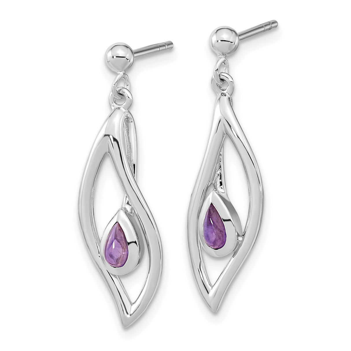 Sterling Silver Dangle Earrings with Amethyst Teardrops, Modern Open Marquise Design