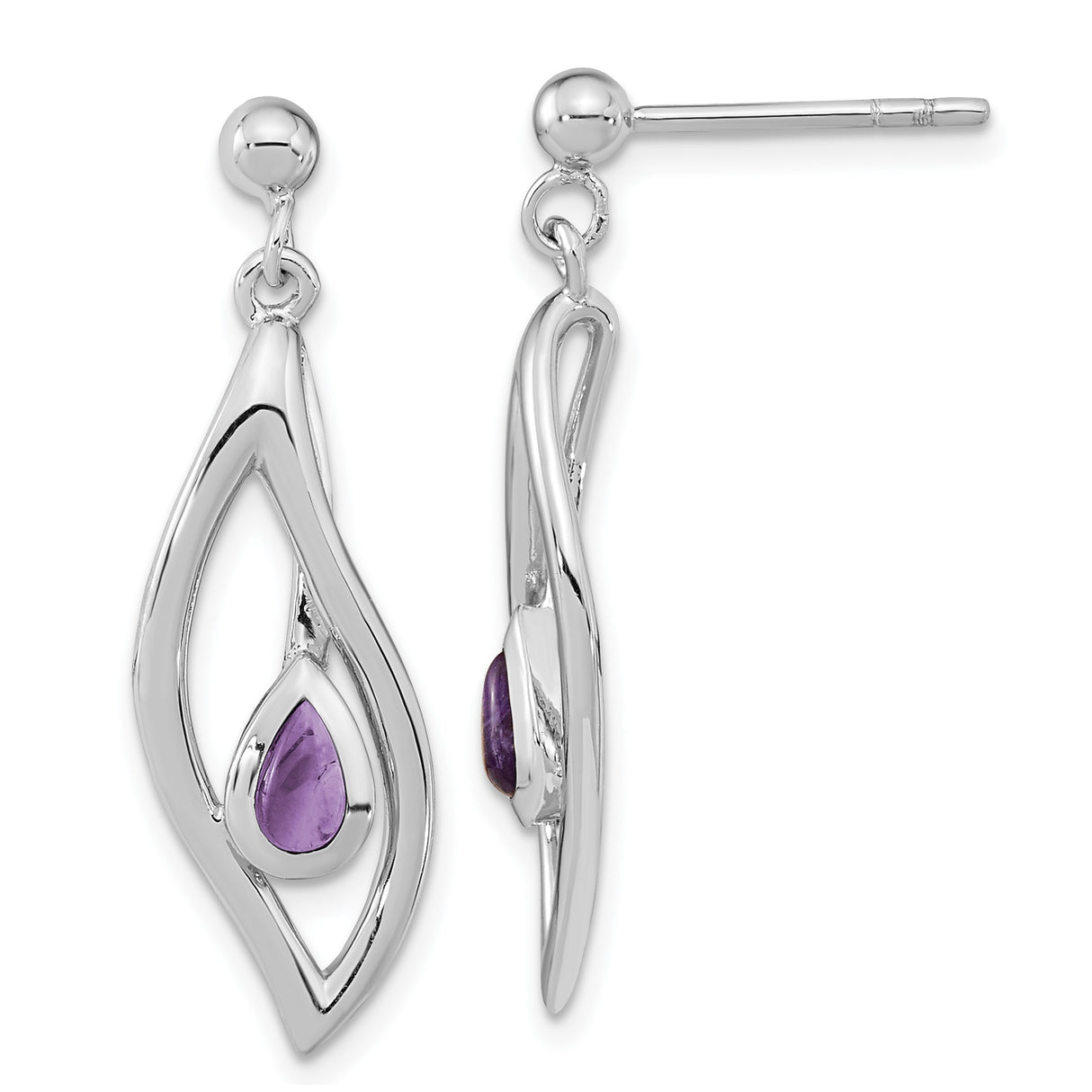 Sterling Silver Dangle Earrings with Amethyst Teardrops, Modern Open Marquise Design