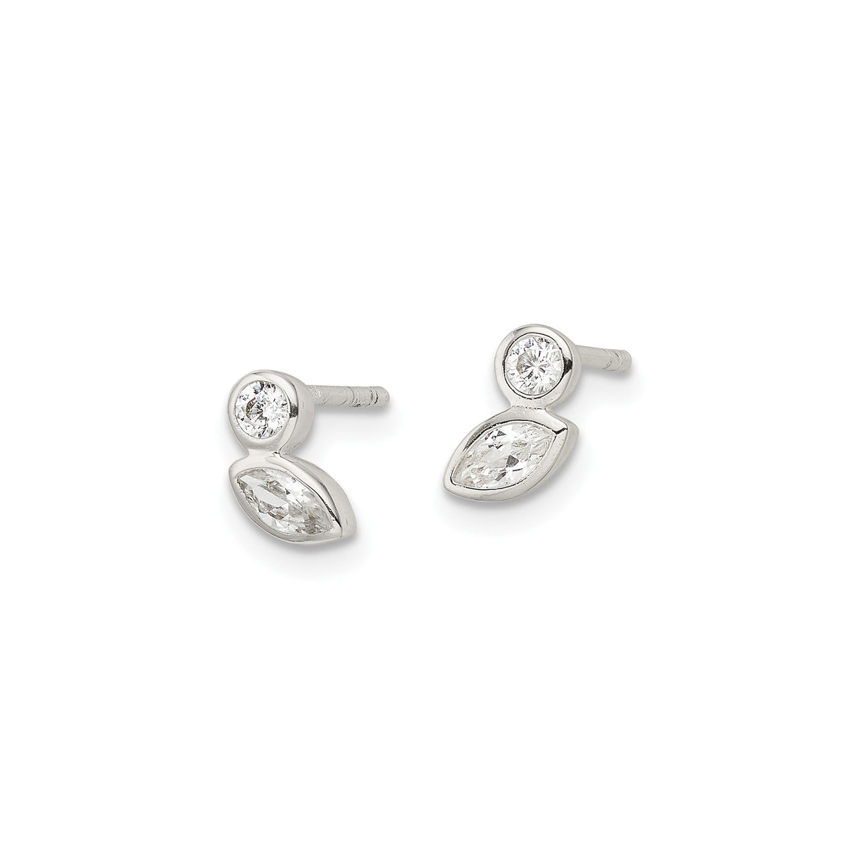 Sterling Silver Stud Earrings with Round and Marquise Cut Cubic Zirconia, Modern Two Stone Design