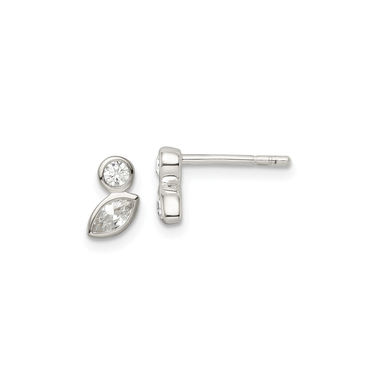 Sterling Silver Stud Earrings with Round and Marquise Cut Cubic Zirconia, Modern Two Stone Design
