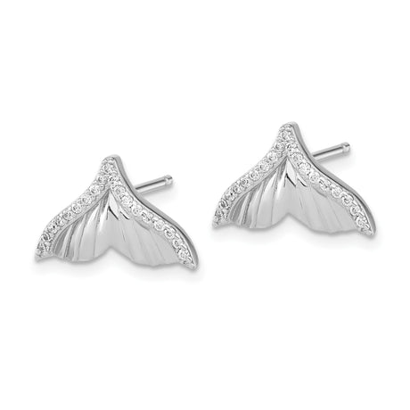 Sterling Silver Whale Tail Stud Earrings with Cubic Zirconia, Nautical Ocean-Inspired Design