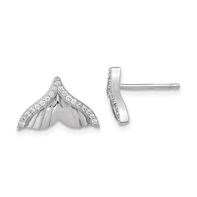 Sterling Silver Whale Tail Stud Earrings with Cubic Zirconia, Nautical Ocean-Inspired Design