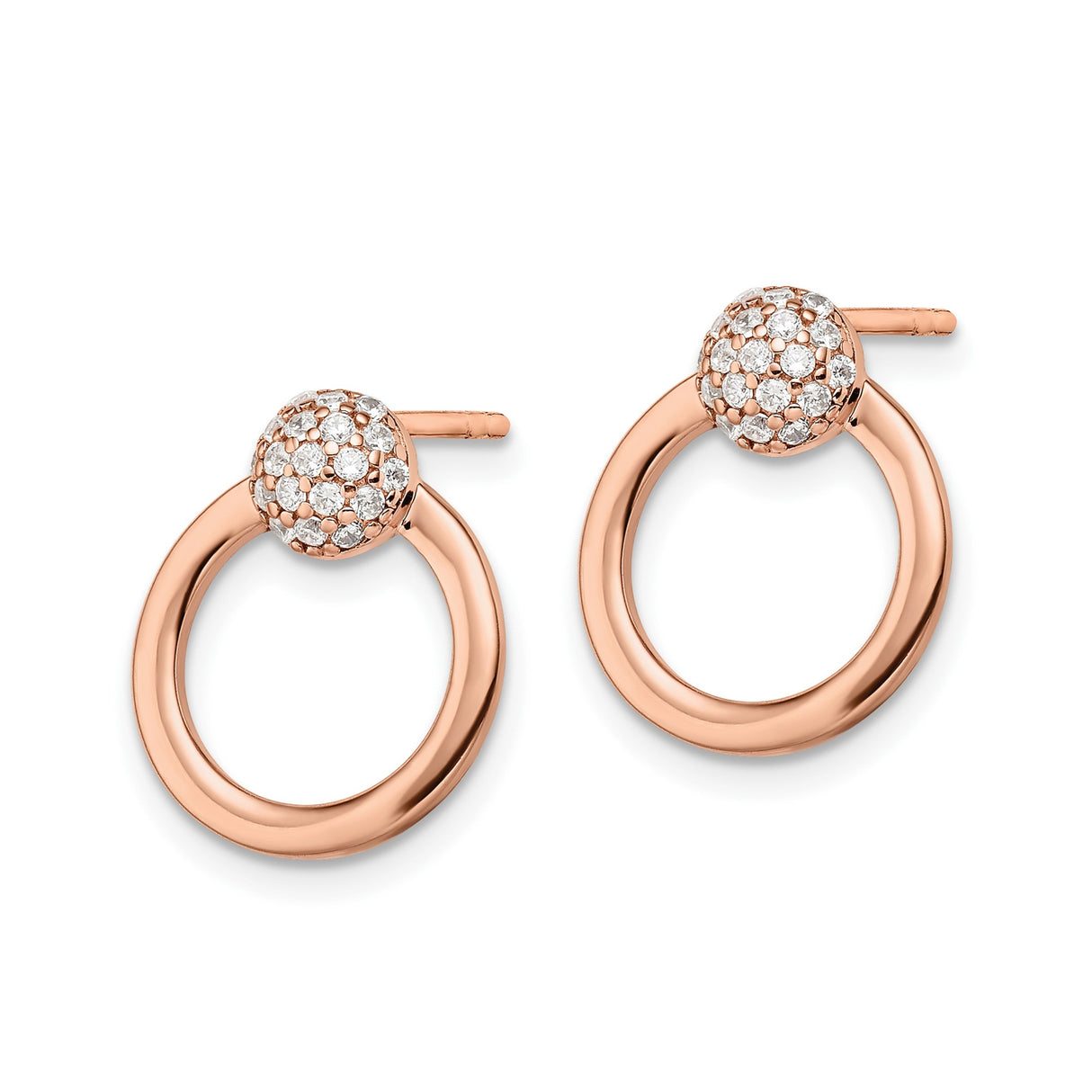 Sterling Silver Stud Earrings with Cubic Zirconia, Rose Plated Open Circle Hoop Design