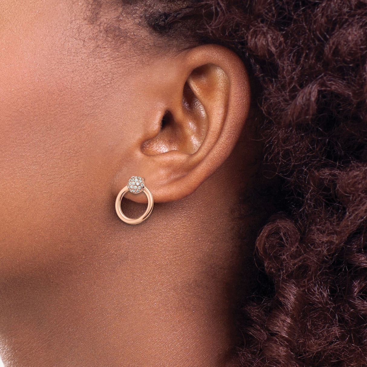 Sterling Silver Stud Earrings with Cubic Zirconia, Rose Plated Open Circle Hoop Design