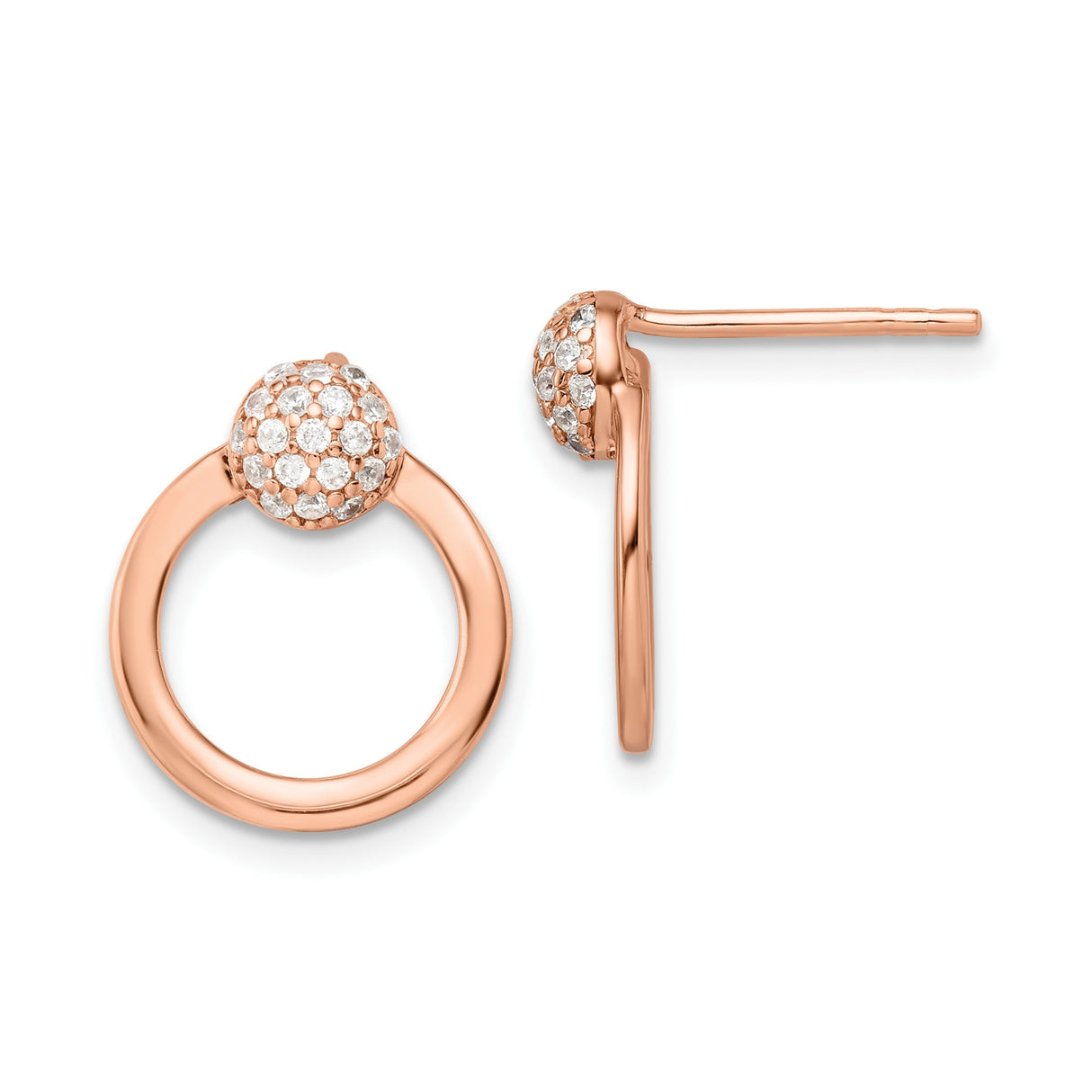 Sterling Silver Stud Earrings with Cubic Zirconia, Rose Plated Open Circle Hoop Design
