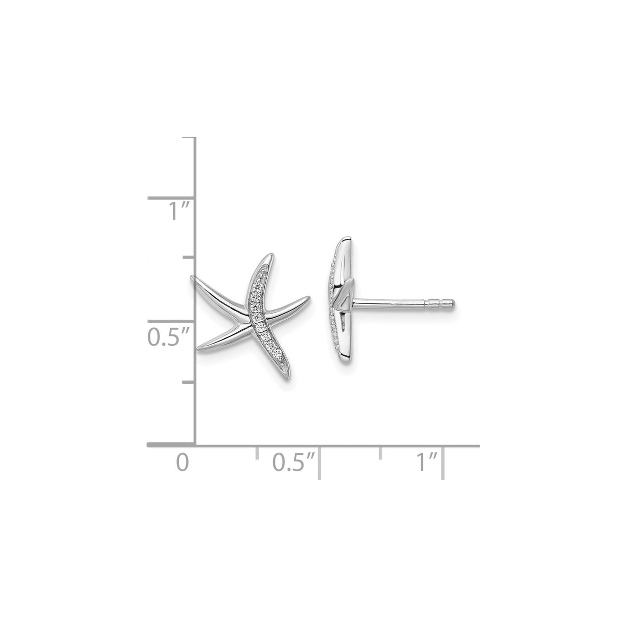 Sterling Silver Starfish Stud Earrings with Cubic Zirconia, Curved Nautical Theme
