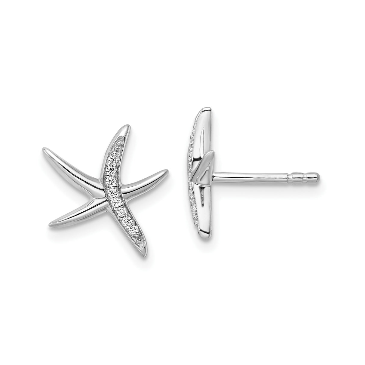 Sterling Silver Starfish Stud Earrings with Cubic Zirconia, Curved Nautical Theme