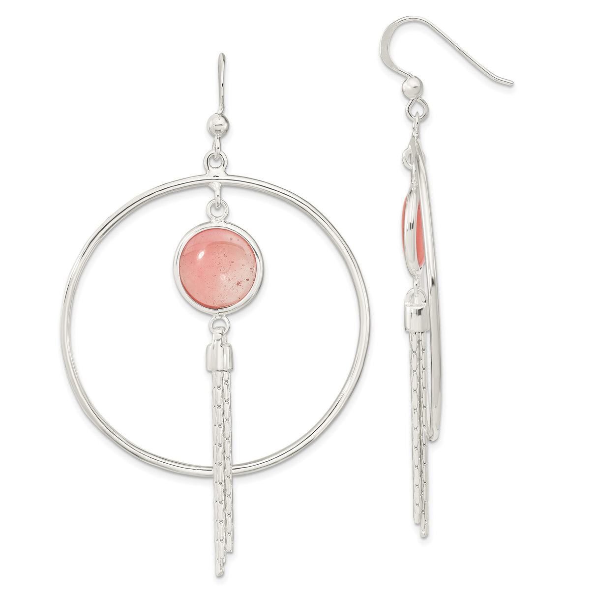 Sterling Silver Dangle Earrings with Pink Agate, Open Hoop and Chain Fringe Boho Style