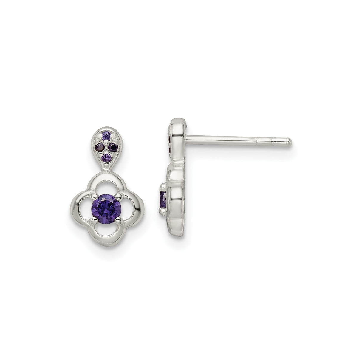 Sterling Silver Drop Earrings with Amethyst and Cubic Zirconia, Floral Clover Design