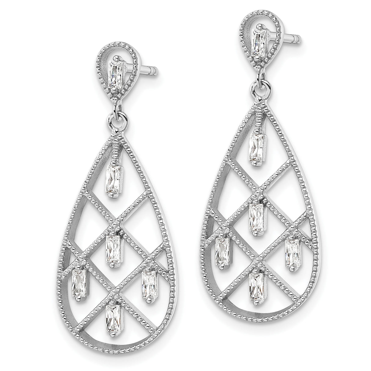 Sterling Silver Teardrop Dangle Earrings with Cubic Zirconia and Lattice Design