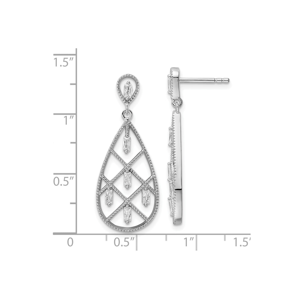 Sterling Silver Teardrop Dangle Earrings with Cubic Zirconia and Lattice Design