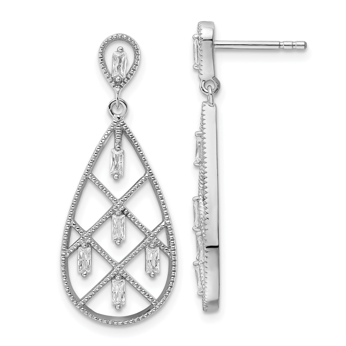 Sterling Silver Teardrop Dangle Earrings with Cubic Zirconia and Lattice Design