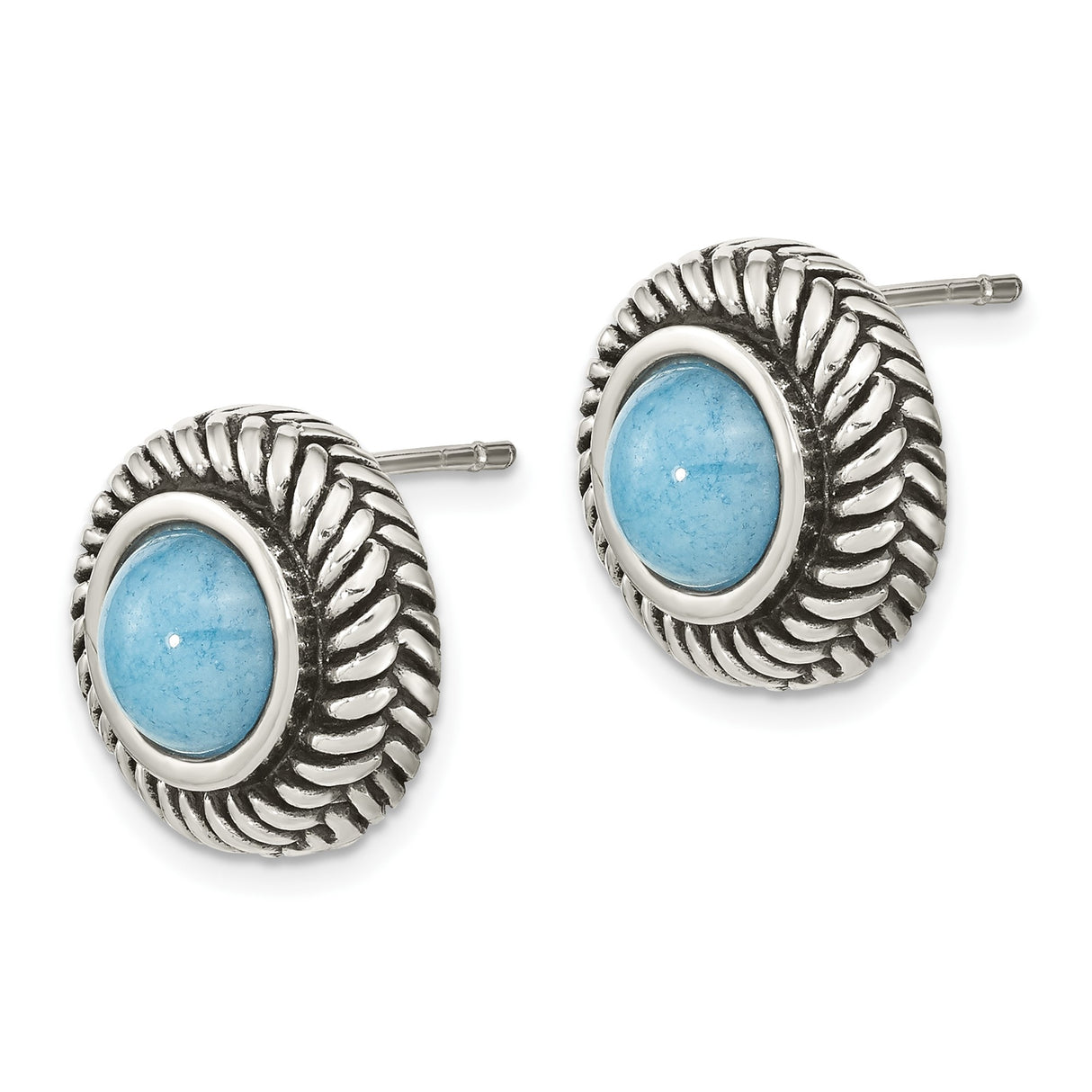 Sterling Silver Stud Earrings with Created Turquoise, Twisted Rope Bezel, Boho Style
