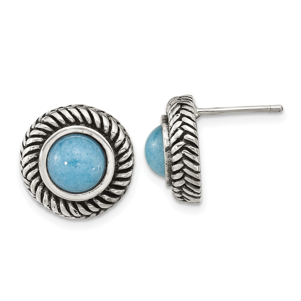 Sterling Silver Stud Earrings with Created Turquoise, Twisted Rope Bezel, Boho Style
