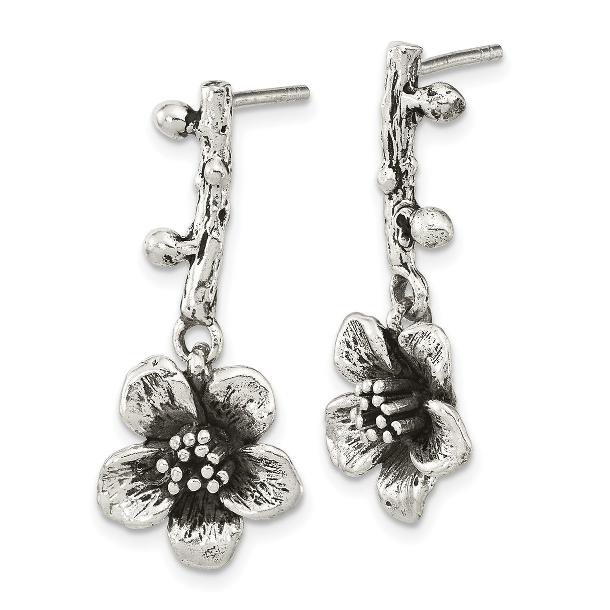 Sterling Silver Drop Earrings with Textured Twig Post and Floral Blossom Charm