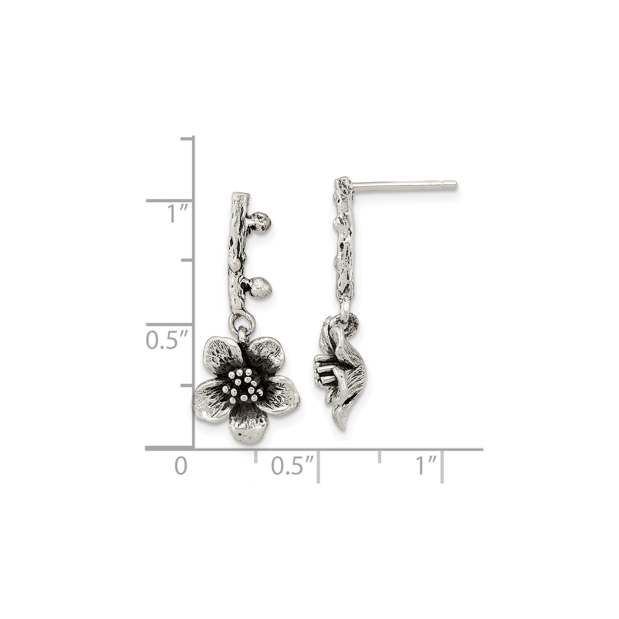 Sterling Silver Drop Earrings with Textured Twig Post and Floral Blossom Charm