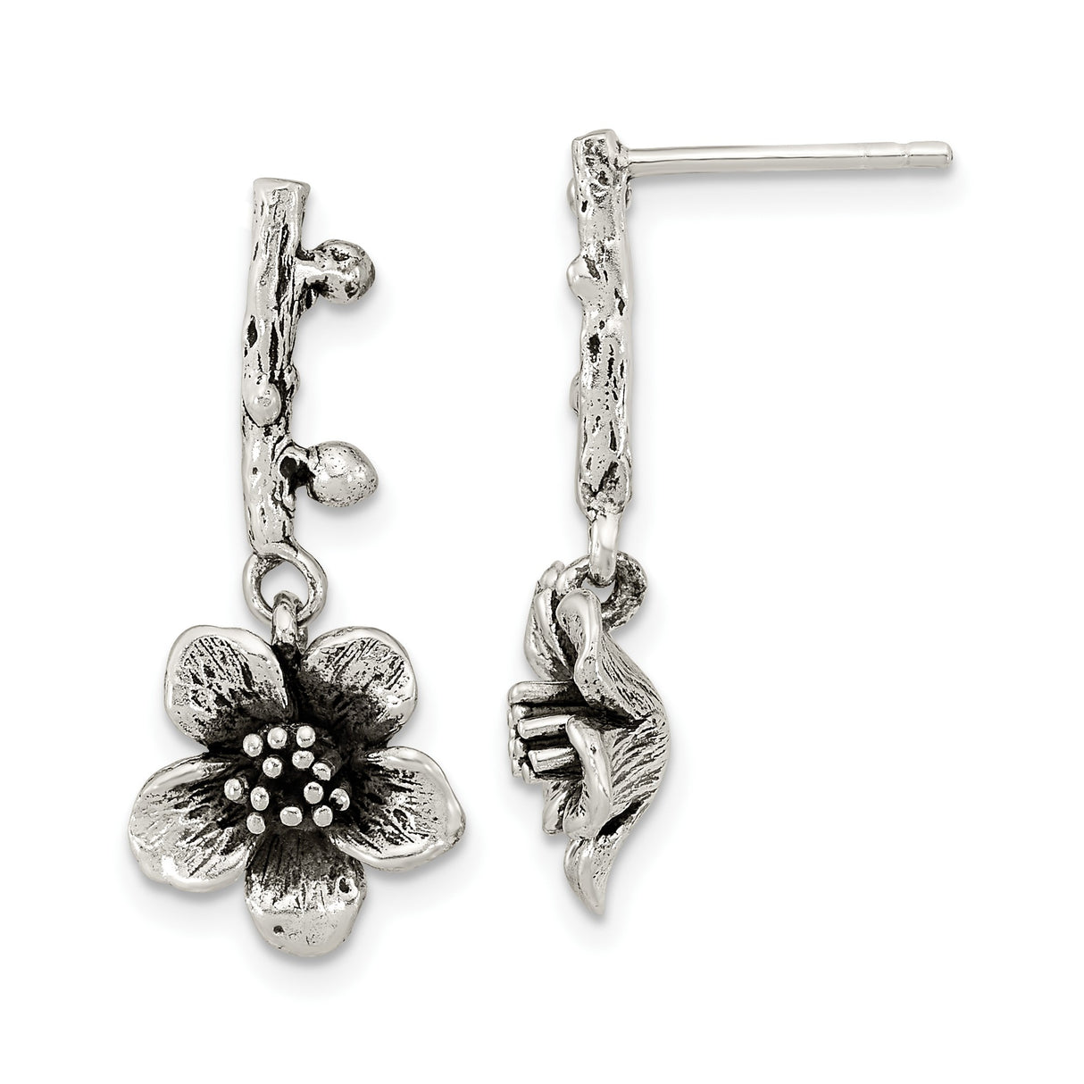 Sterling Silver Drop Earrings with Textured Twig Post and Floral Blossom Charm