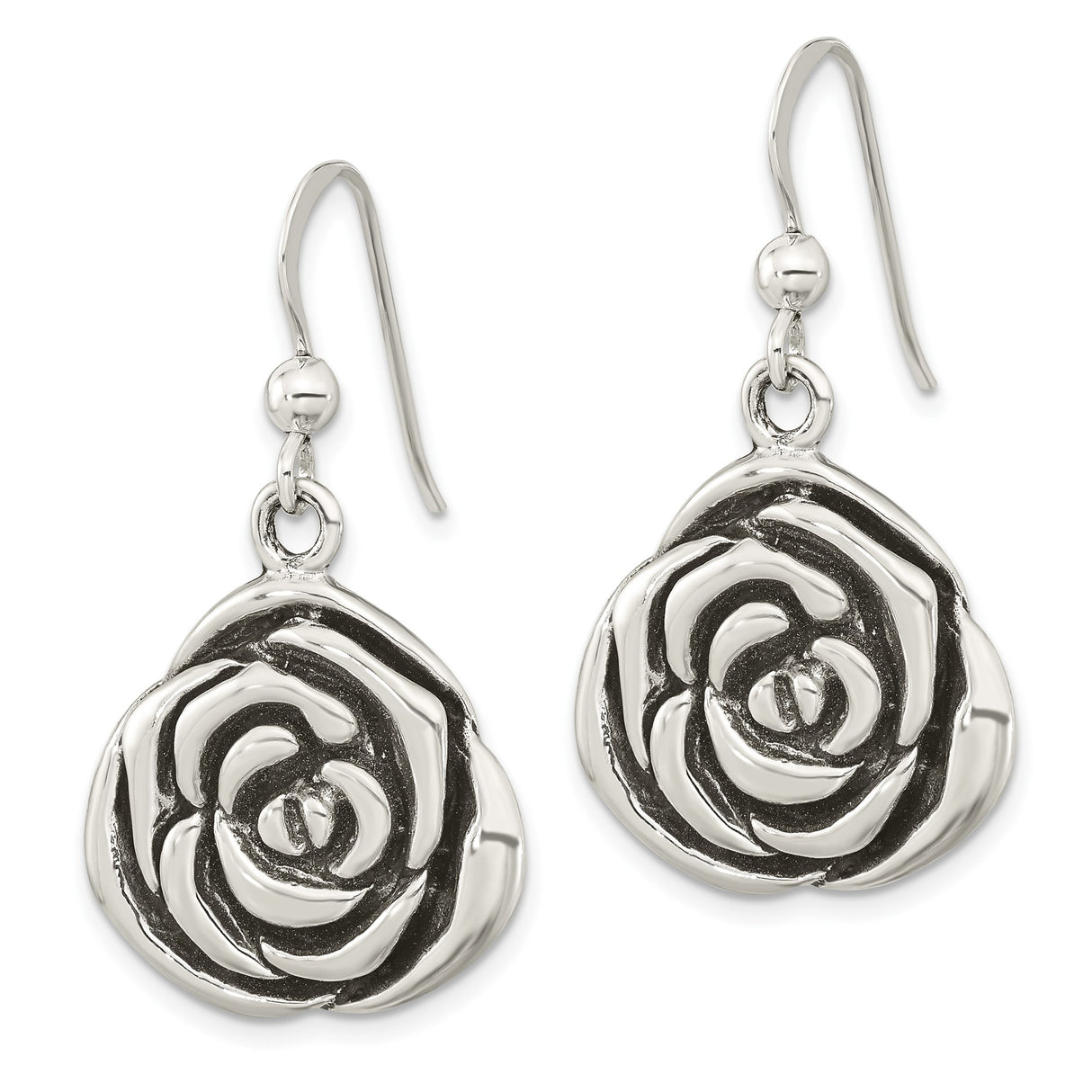 Sterling Silver Rose Dangle Earrings, Floral Design, Botanical Garden Motif