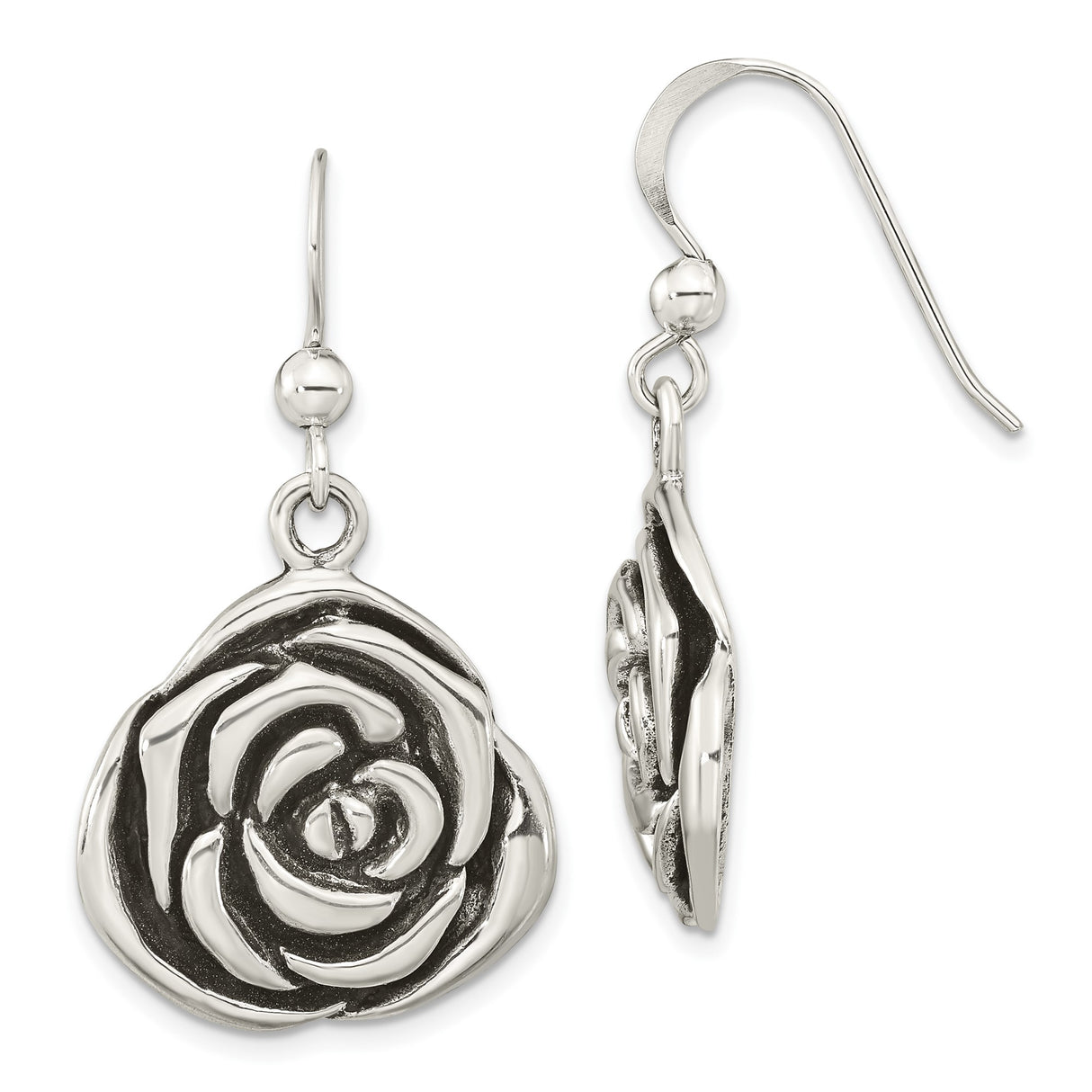 Sterling Silver Rose Dangle Earrings, Floral Design, Botanical Garden Motif