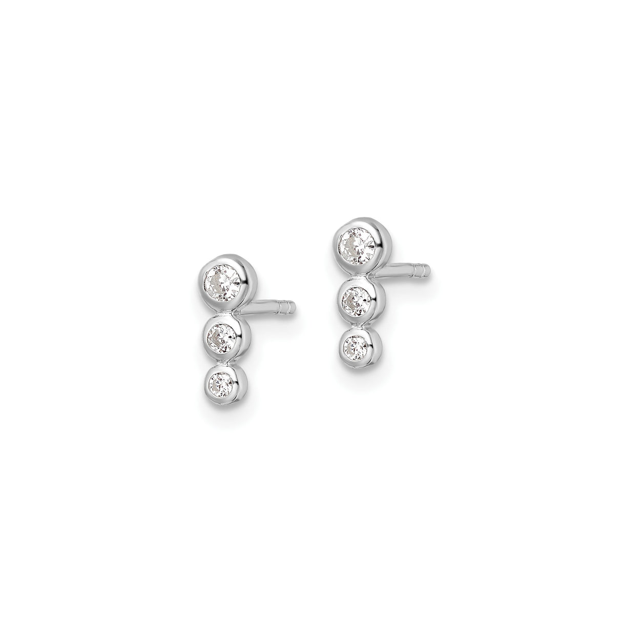 Sterling Silver Stud Earrings with Cubic Zirconia, Vertical Trio Bezel Set Design