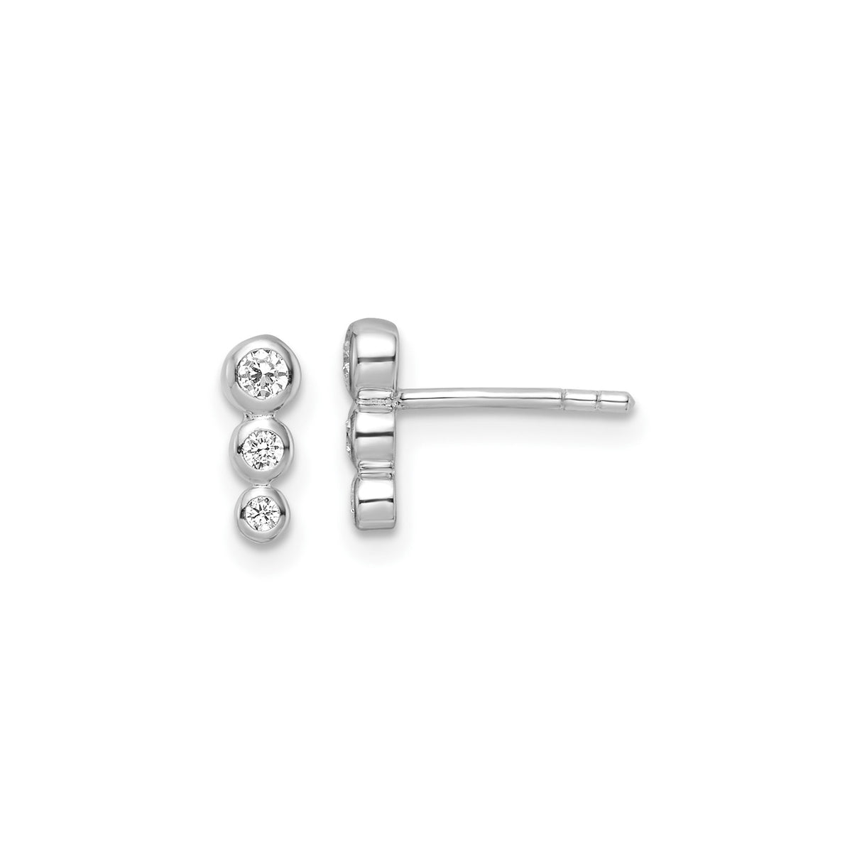 Sterling Silver Stud Earrings with Cubic Zirconia, Vertical Trio Bezel Set Design