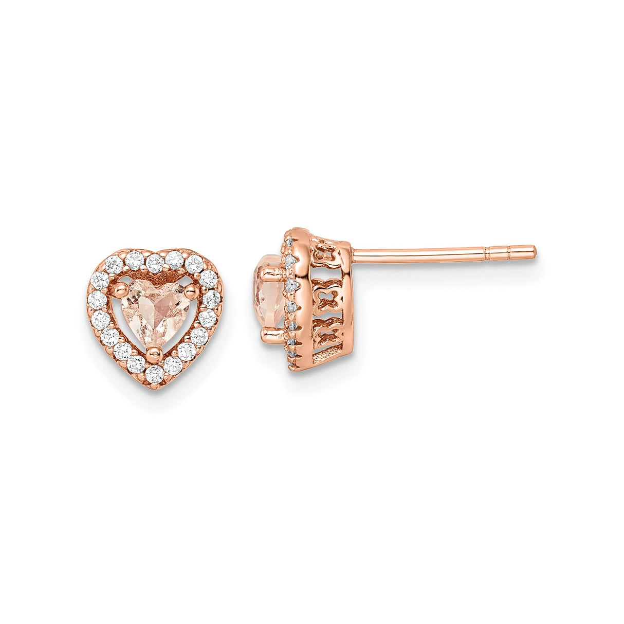 Sterling Silver Heart Stud Earrings with Cubic Zirconia, Rose Gold Plated Halo Design