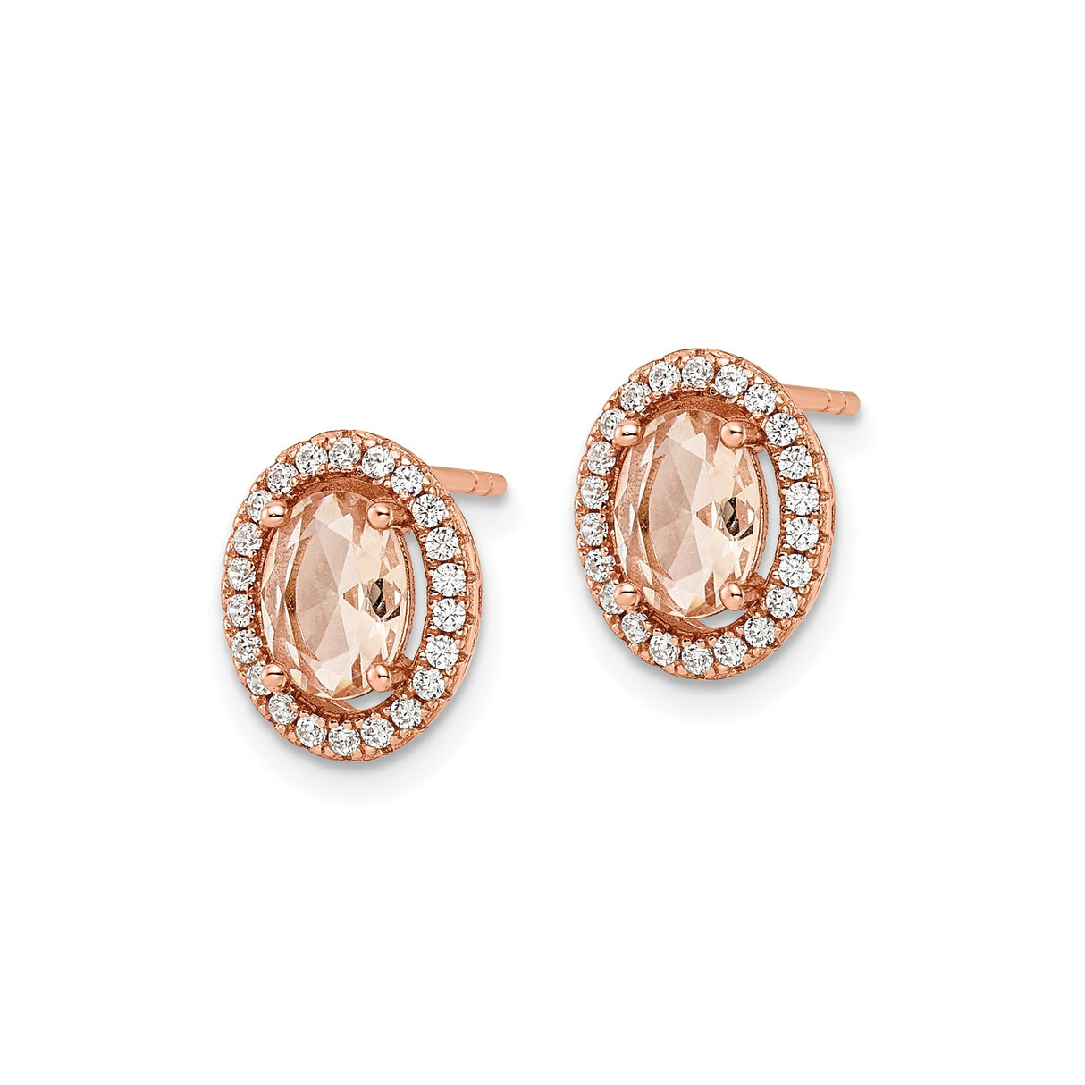 Sterling Silver Oval Stud Earrings with Light Pink Cubic Zirconia and Halo Design