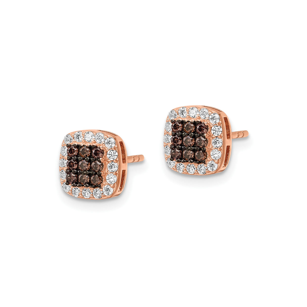Sterling Silver Stud Earrings with Cushion Cut Cubic Zirconia, Rose Gold Finish
