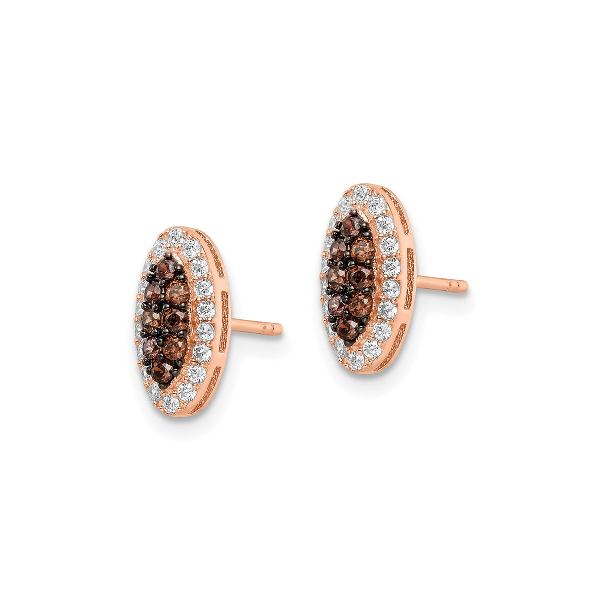 Sterling Silver Oval Stud Earrings with Brown and White Cubic Zirconia in Pave Setting