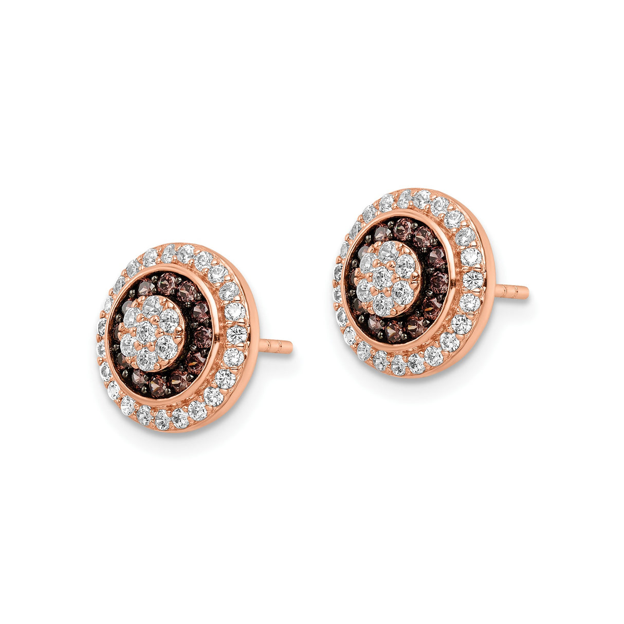 Sterling Silver Stud Earrings with White and Brown Cubic Zirconia, Concentric Circle Design