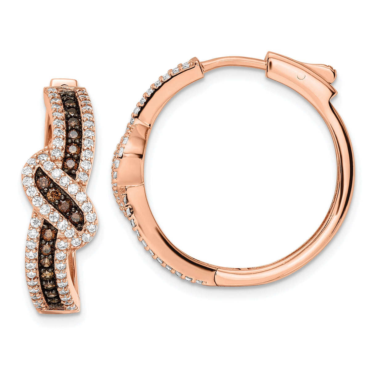 Sterling Silver Rose Gold Plated Hoop Earrings with Cubic Zirconia, Infinity Twist Design