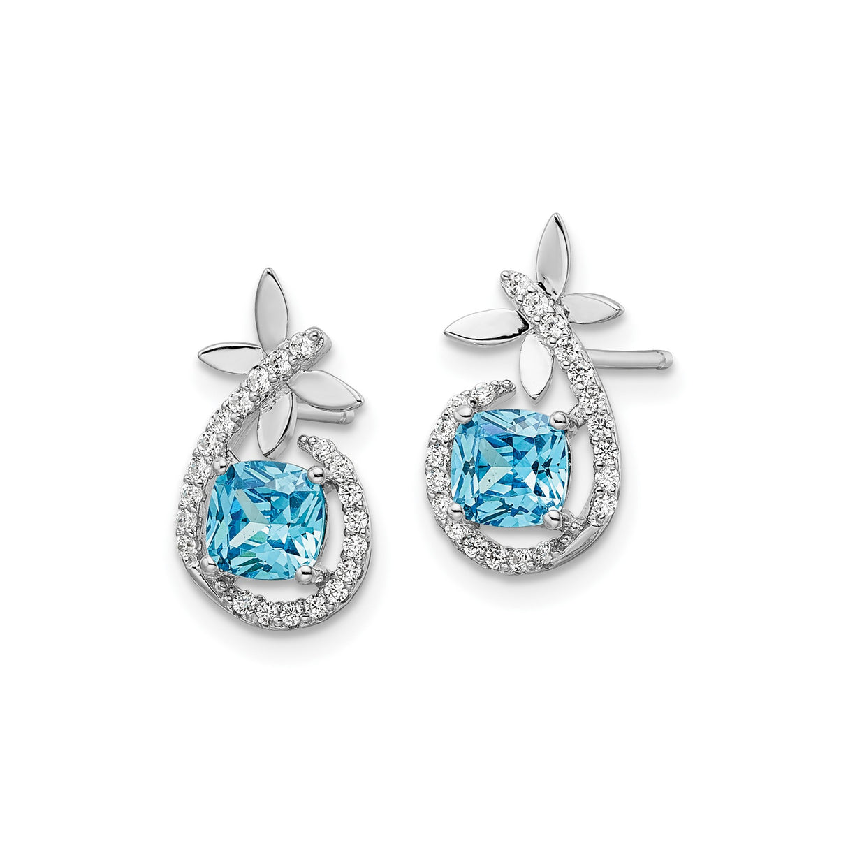 Sterling Silver Dangle Earrings with Cushion Cut Blue Topaz and Cubic Zirconia Teardrop Design