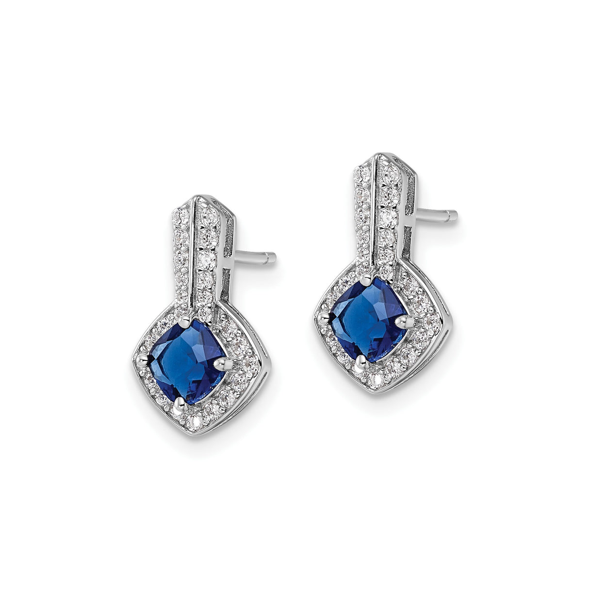 Sterling Silver Stud Earrings with Blue Sapphire and Cubic Zirconia, Geometric Design
