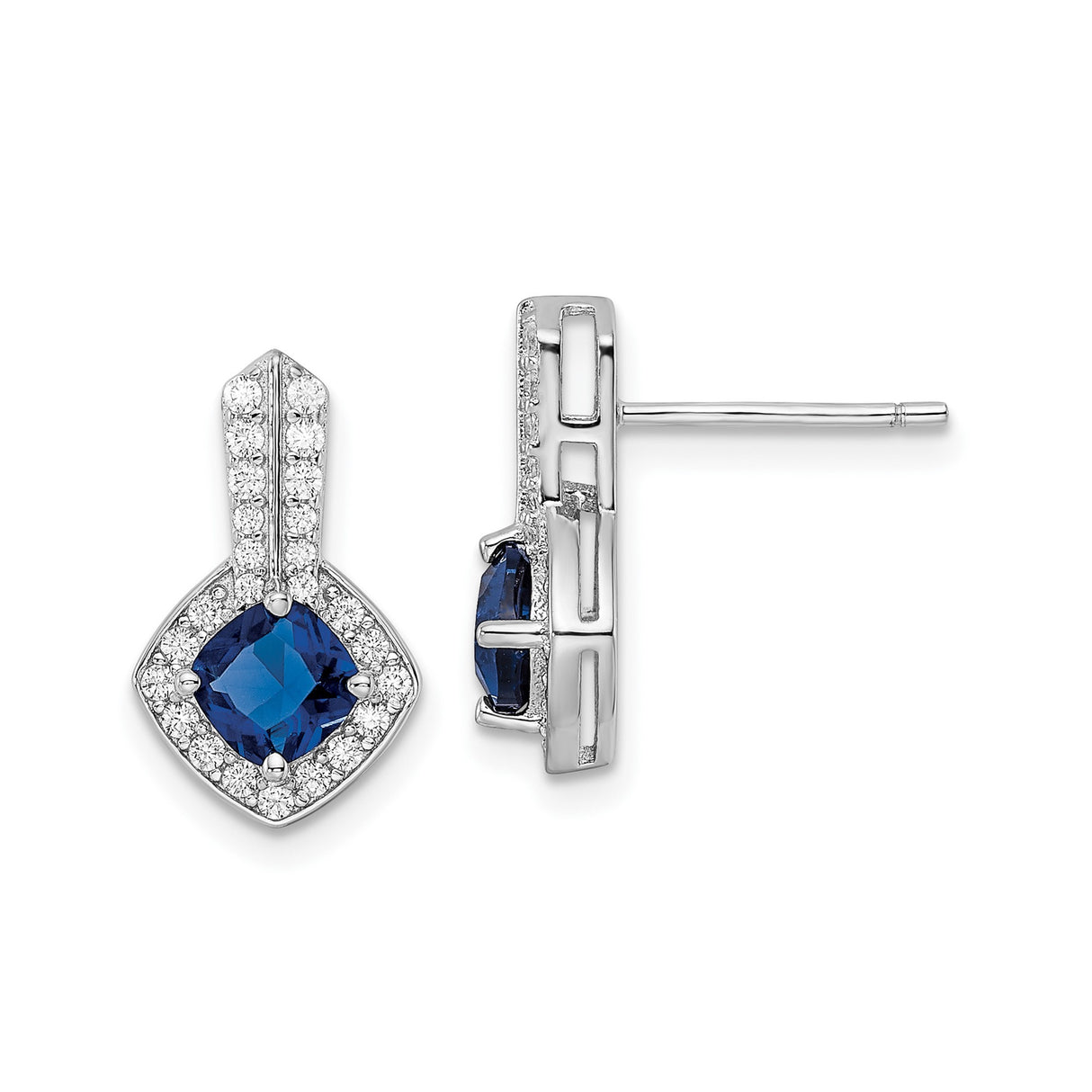 Sterling Silver Stud Earrings with Blue Sapphire and Cubic Zirconia, Geometric Design