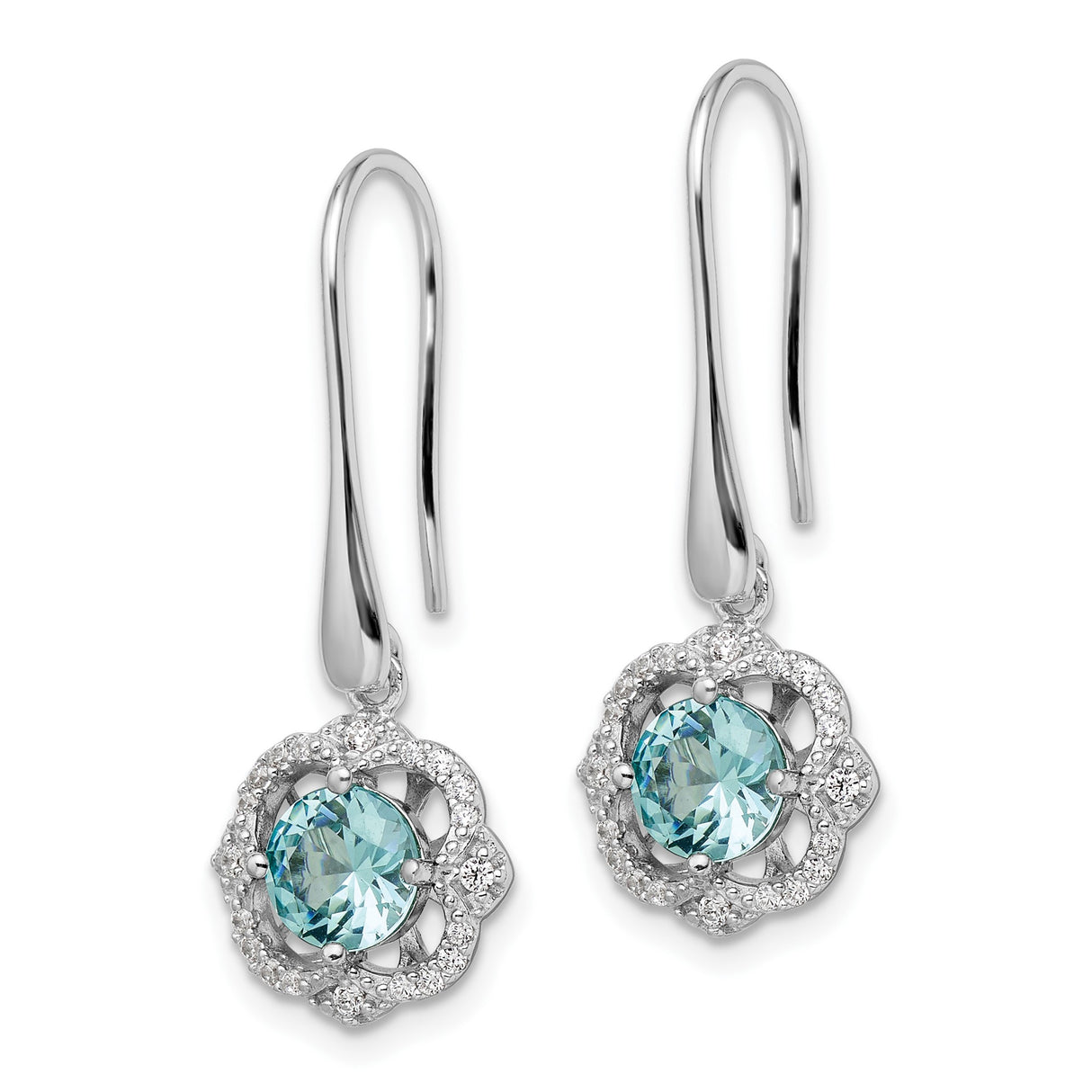 Sterling Silver Dangle Earrings with Aqua Blue Cubic Zirconia in Floral Halo Design