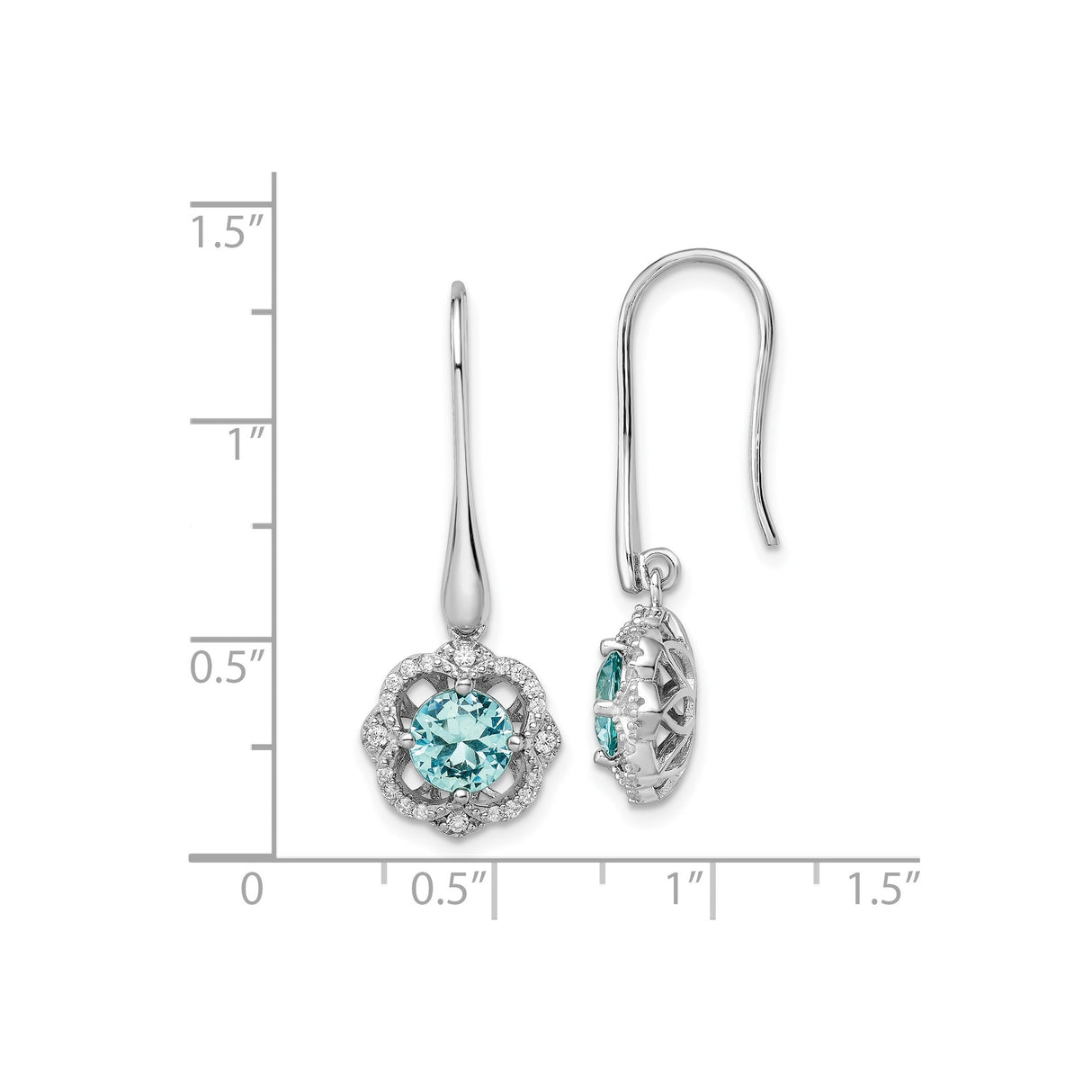Sterling Silver Dangle Earrings with Aqua Blue Cubic Zirconia in Floral Halo Design