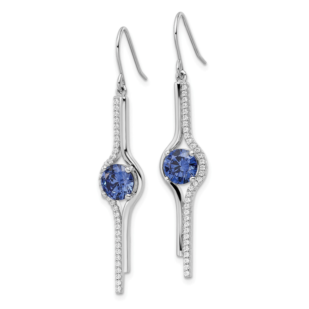 Sterling Silver Dangle Earrings with Round Blue Cubic Zirconia, Curved Drop Design for Women