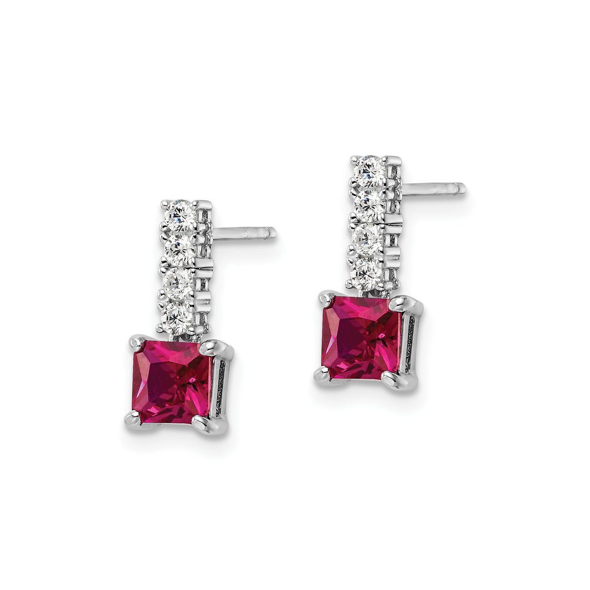 Sterling Silver Drop Earrings with Ruby and Cubic Zirconia, Square Cut, Vertical Setting