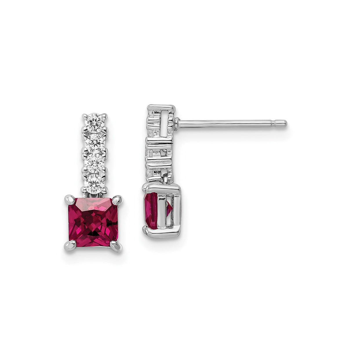 Sterling Silver Drop Earrings with Ruby and Cubic Zirconia, Square Cut, Vertical Setting
