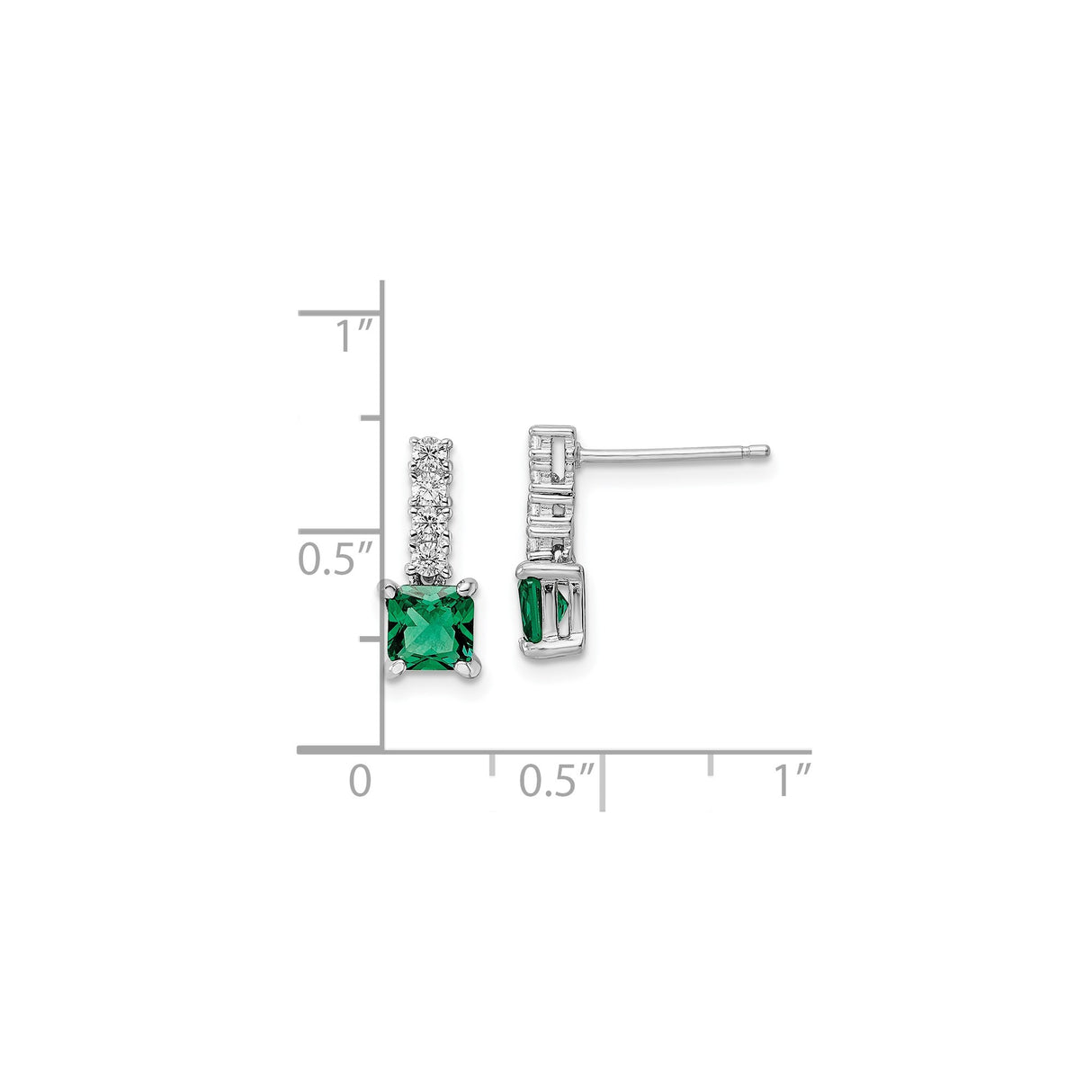 Sterling Silver Drop Earrings with Square Cut Green Gemstone and Cubic Zirconia